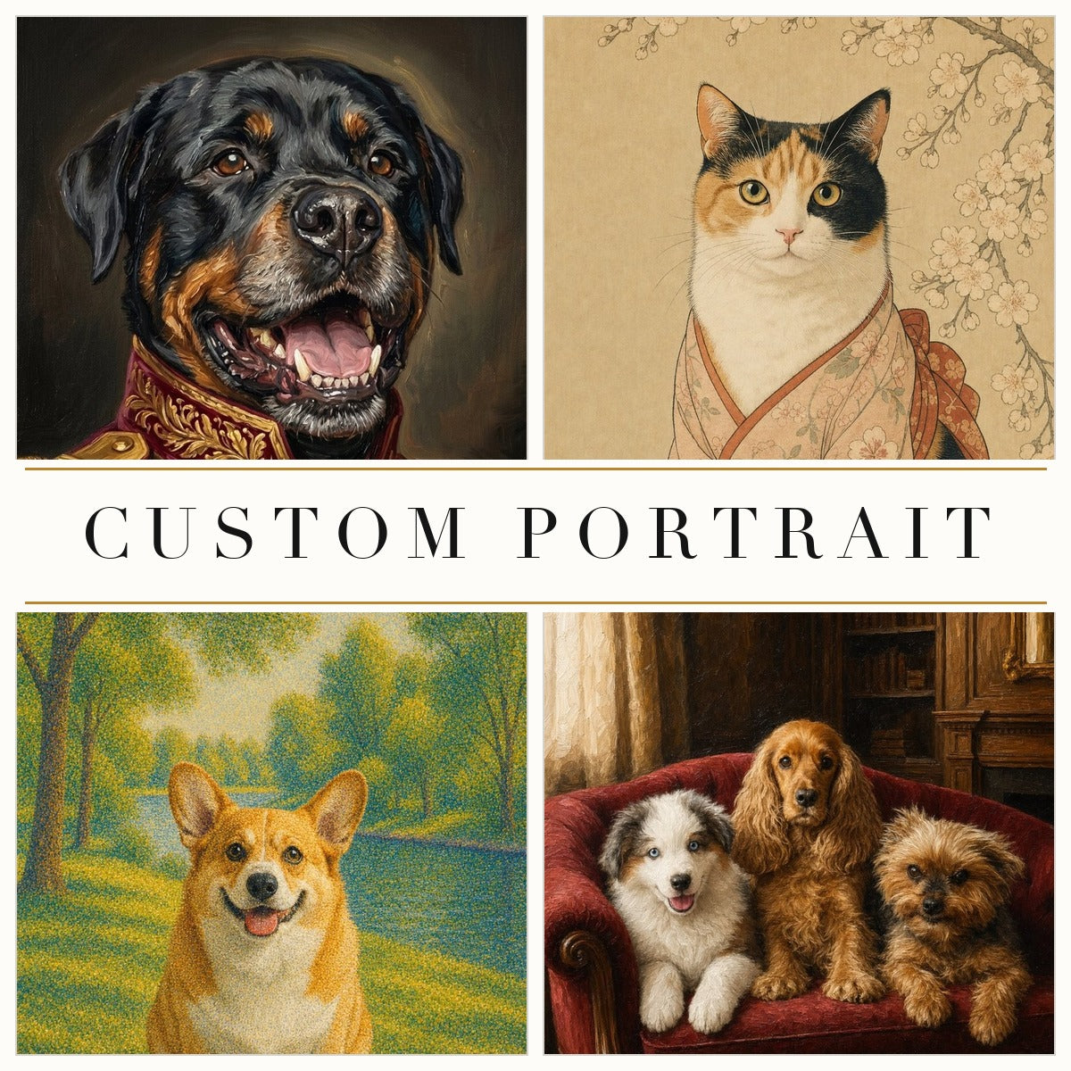 Custom pet portraits — four hand-finished design examples